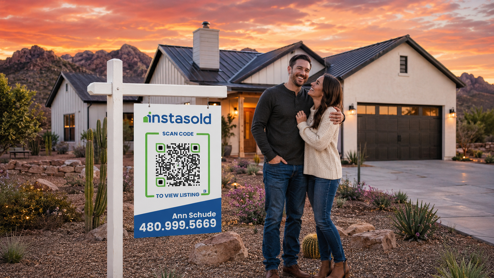 Happy couple in front of their new Instasold home at sunset