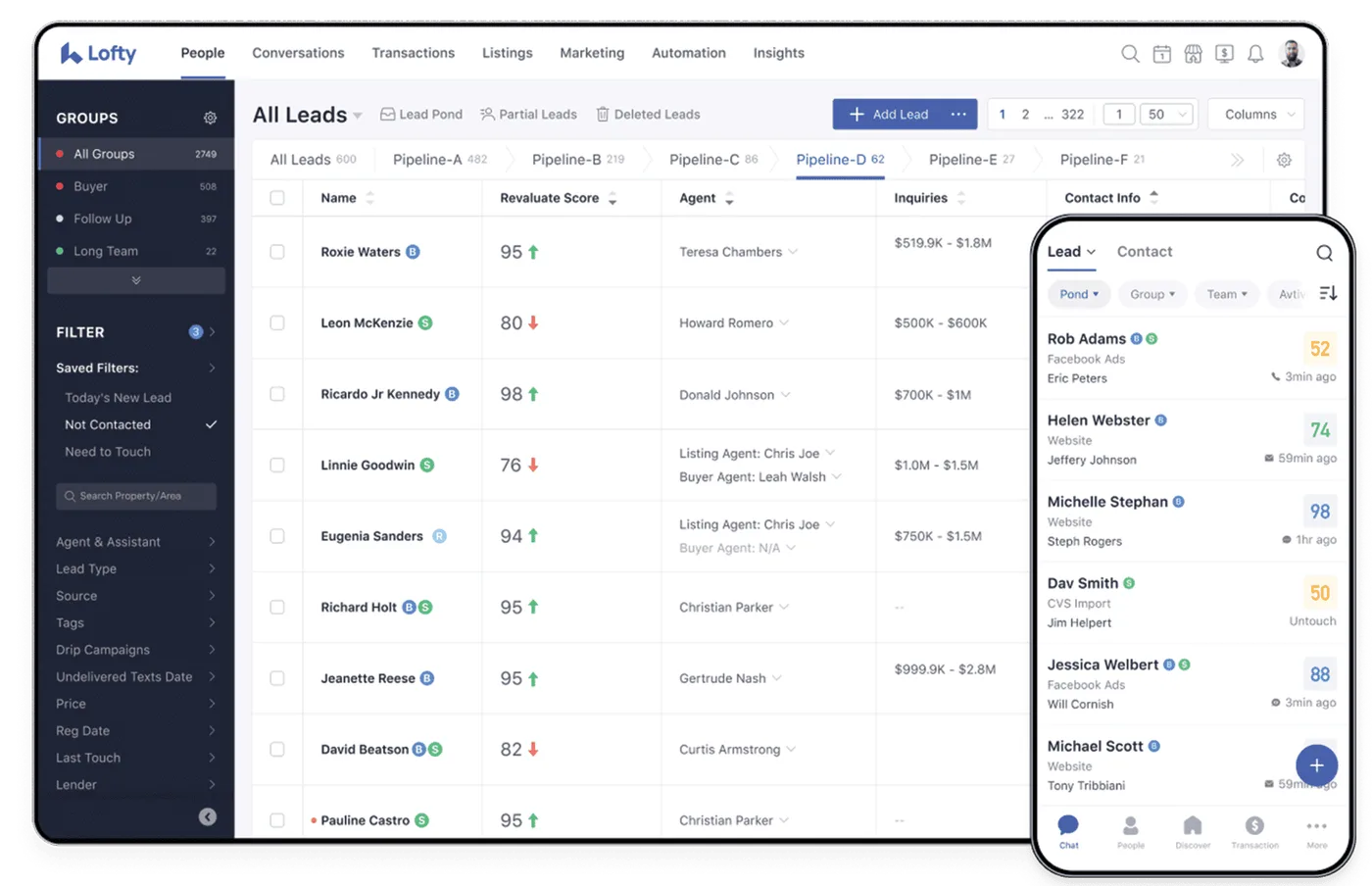 Lofty CRM dashboard, leads, pipelines, and mobile chat